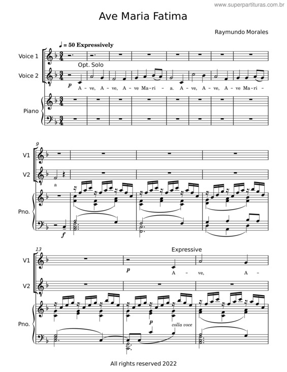 Partitura da música Fatimas Ave Maria – Anonymous