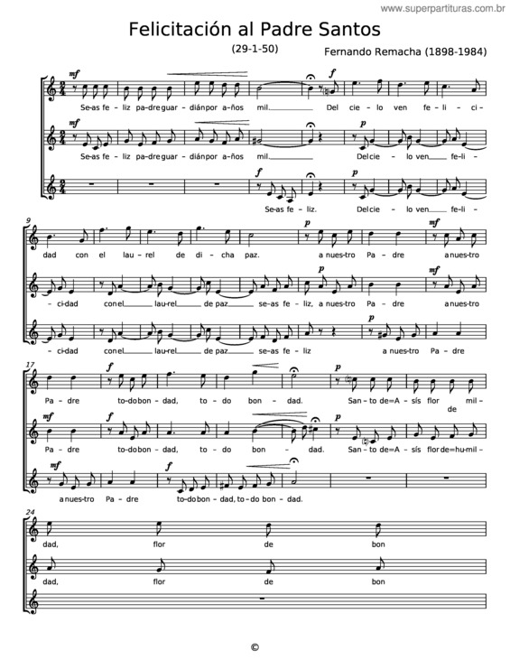 Partitura da música Felicitación Al Padre Santos – Fernando Remacha
