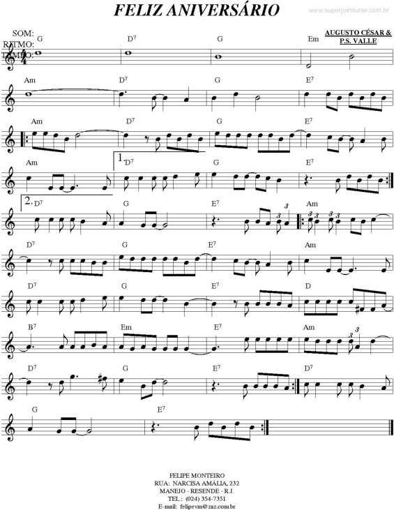 Partitura da música Feliz Aniversário