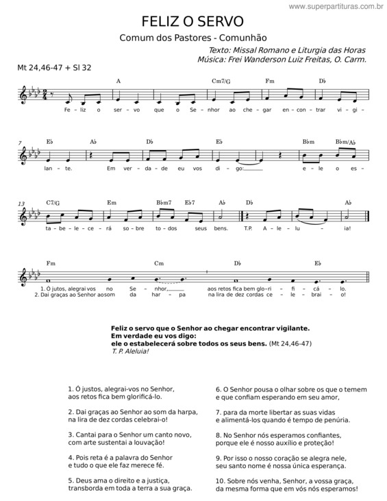 Partitura da música Feliz O Servo – Frei Wanderson Luiz Freitas
