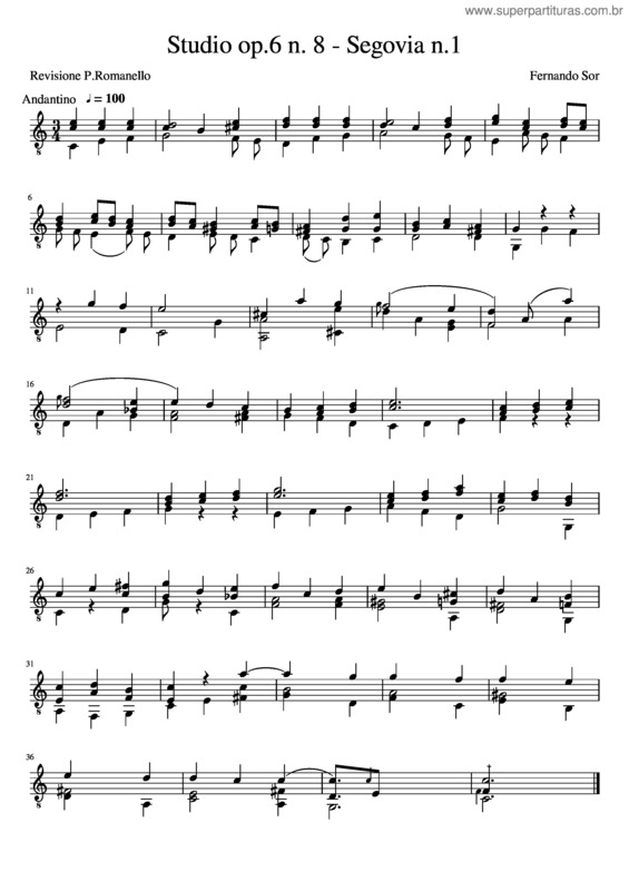 Partitura da música Fernando Sor Studio Op.6 N.8 Segovia N.1