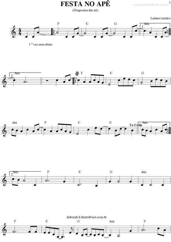 Partitura da música Festa no Apê (Dragostea din tei)