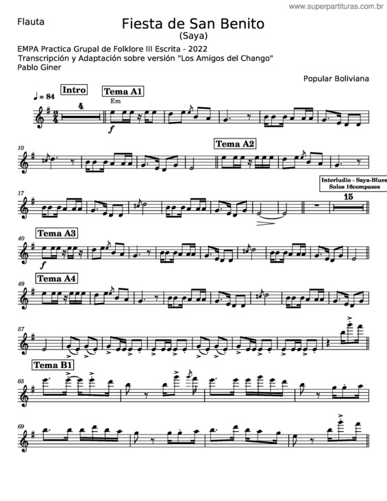 Partitura da música Fiesta De San Benito – Popular Boliviana v.2