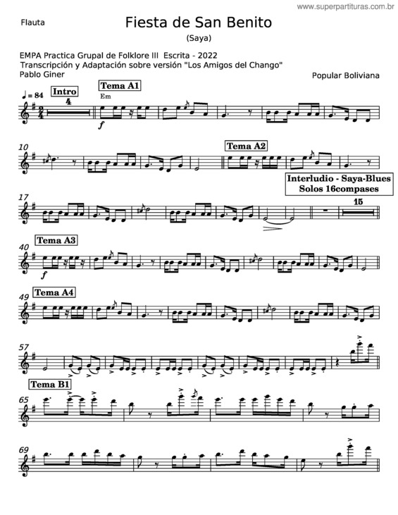 Partitura da música Fiesta De San Benito – Popular Boliviana