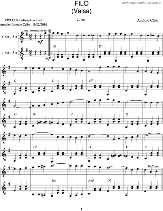 Partitura da música Filó