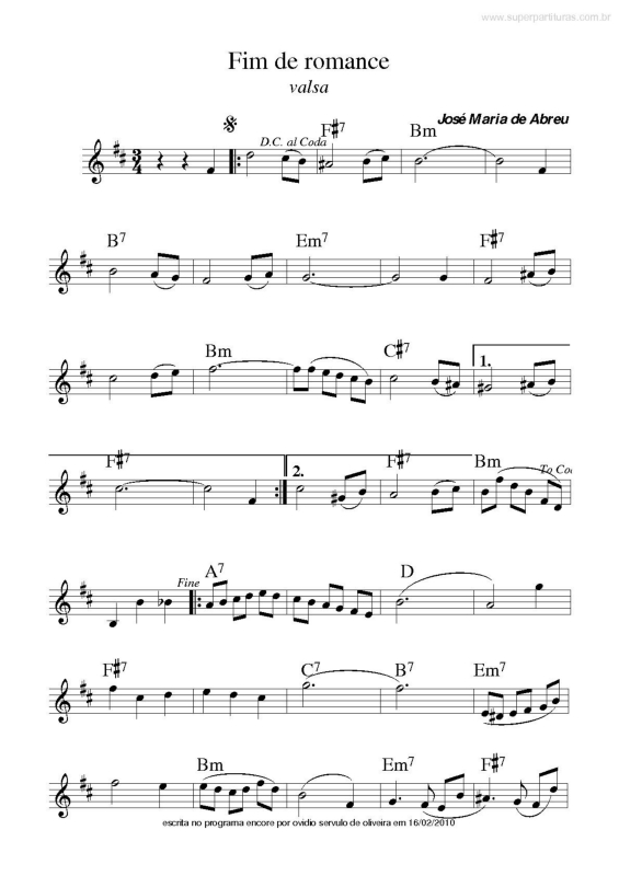 Partitura da música Fim de Romance