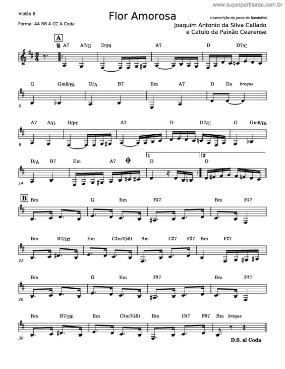 Partitura da música Flor Amorosa – Joaquim Antonio Calado