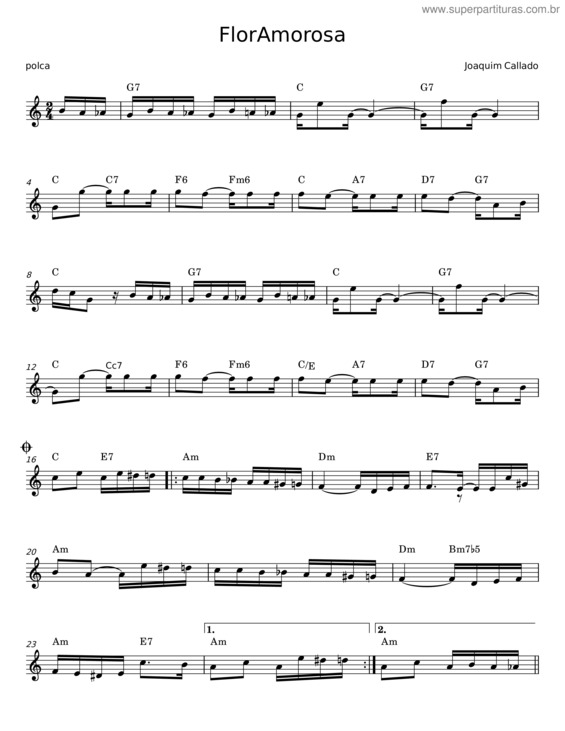 Partitura da música Flor Amorosa – Joaquim Callado