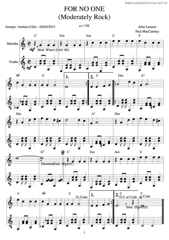 Partitura da música For No One v.3