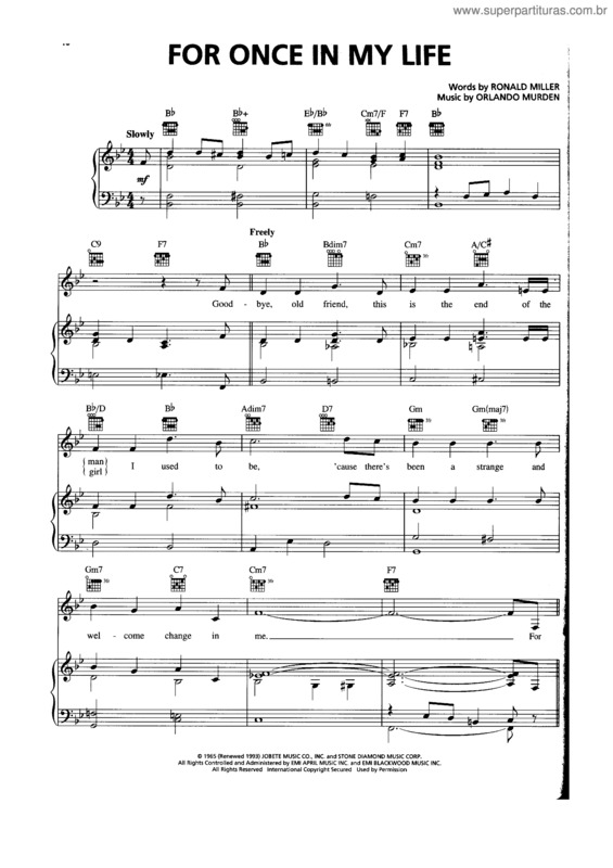 Partitura da música For Once In My Life