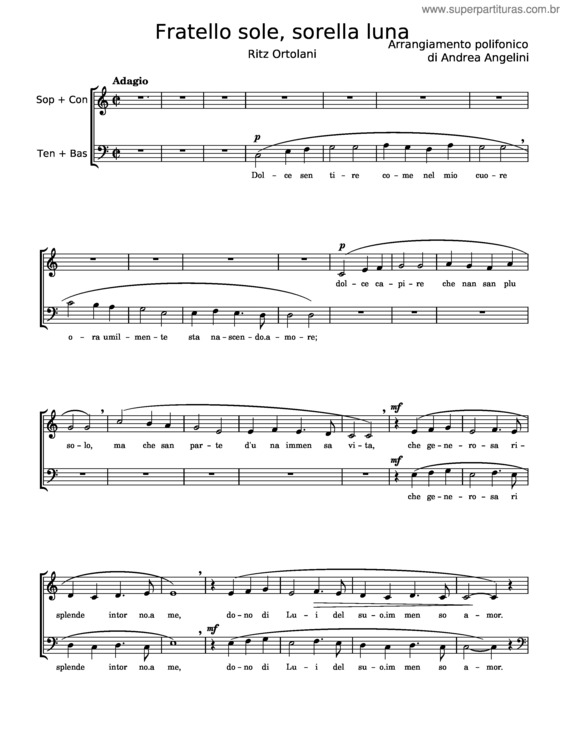 Partitura da música Fratello Sole, Sorella Luna v.2