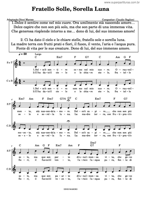 Partitura da música Fratello Sole E Sorella Luna v.2