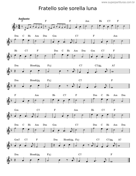 Partitura da música Fratello Sole Sorella Luna