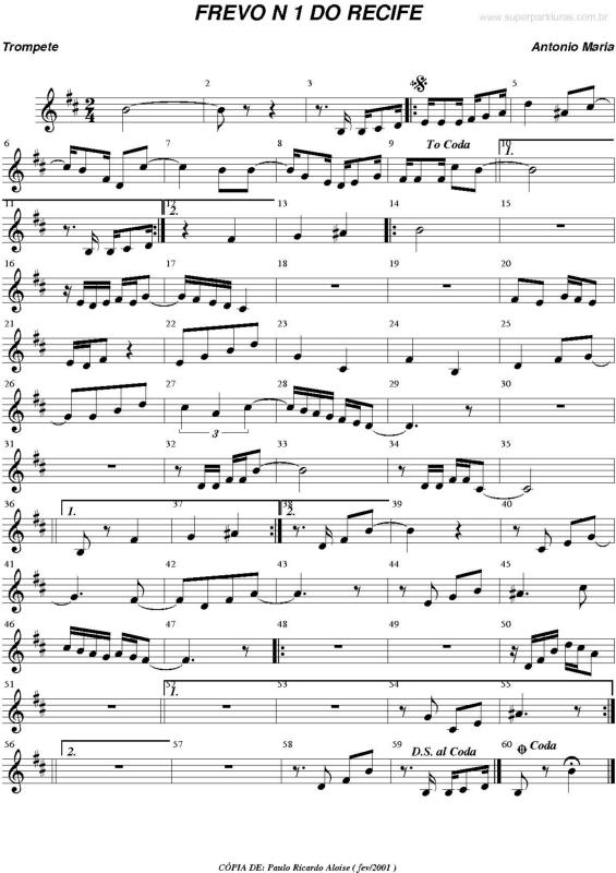 Partitura da música Frevo n. 1 do Recife