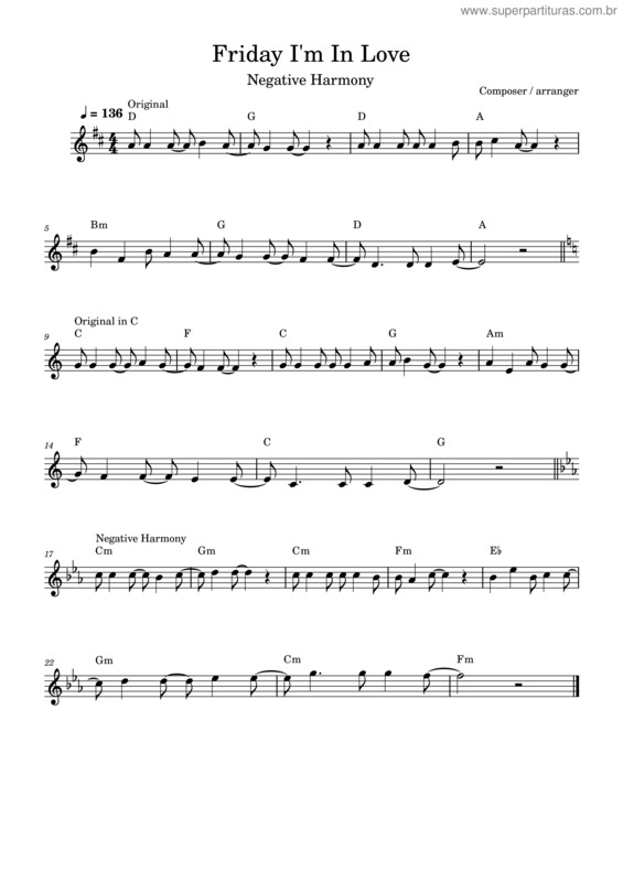 Partitura da música Friday I`M In Love – The Cure Friday I`M In Love – The Cure First Verse Negative Harmony