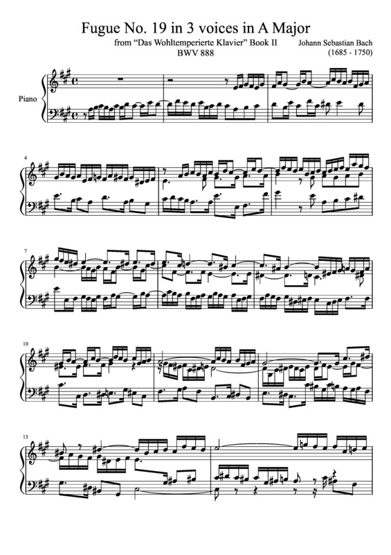 Partitura da música Fugue No. 19 BWV 888 In A Major