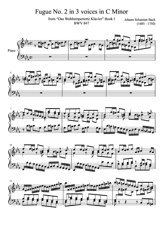Partitura da música Fugue No. 2 BWV 847 In C Minor
