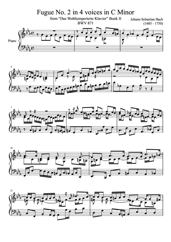 Partitura da música Fugue No. 2 BWV 871 In C Minor
