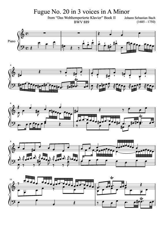 Partitura da música Fugue No. 20 BWV 889 In A Minor