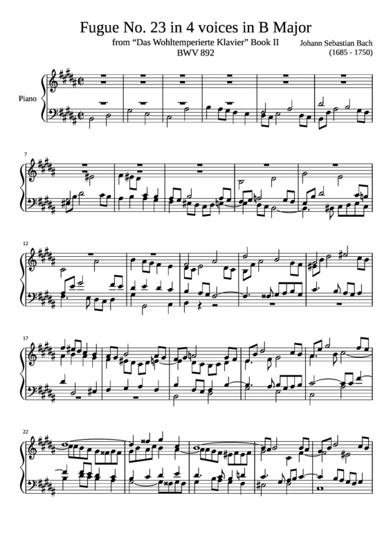 Partitura da música Fugue No. 23 BWV 892 In B Major