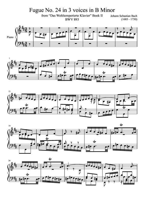 Partitura da música Fugue No. 24 BWV 893 In B Minor