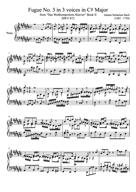 Partitura da música Fugue No. 3 BWV 872 In C Major