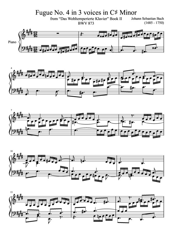 Partitura da música Fugue No. 4 BWV 873 In C Minor
