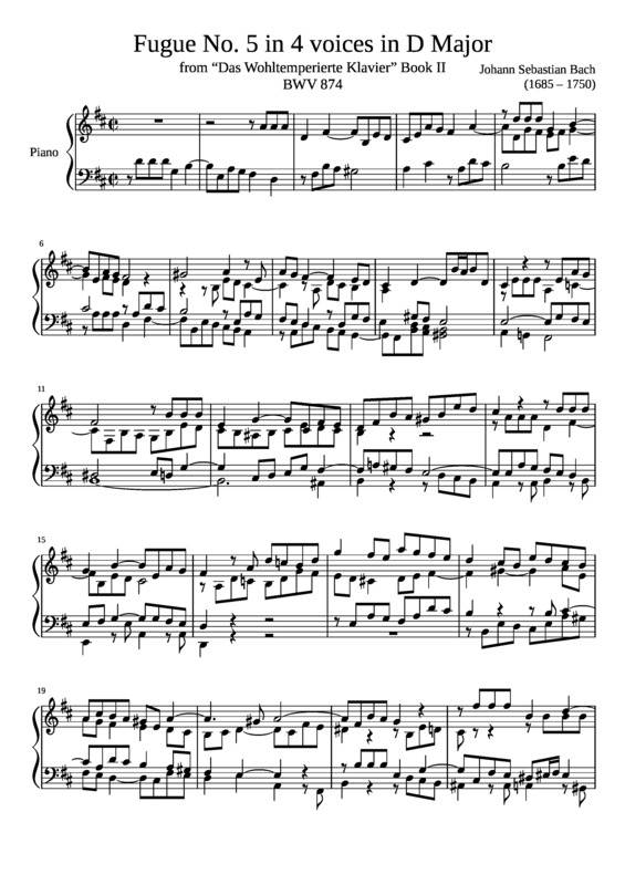 Partitura da música Fugue No. 5 BWV 874 In D Major