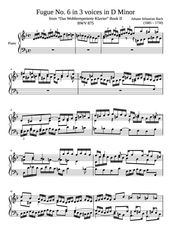 Partitura da música Fugue No. 6 BWV 875 In D Minor