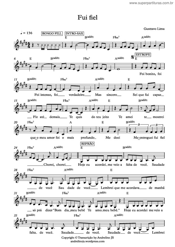 Partitura da música Fui fiel