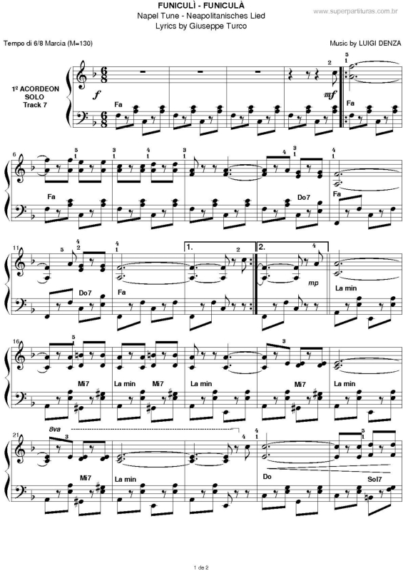 Partitura da música Funiculì - Funiculà