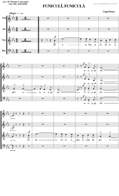 Partitura da música Funiculì, Funiculà