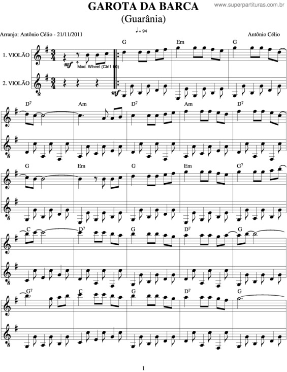 Partitura da música Garota Da Barca