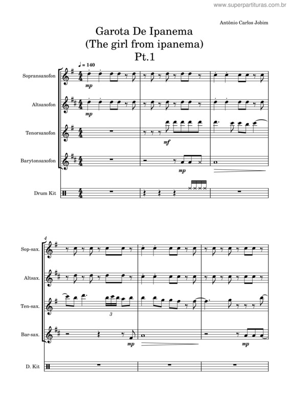 Partitura da música Garota De Ipanema – Antonio Carlos Jobim, Vinicius De Moraes Garota De Ipanema– Sax Quartet