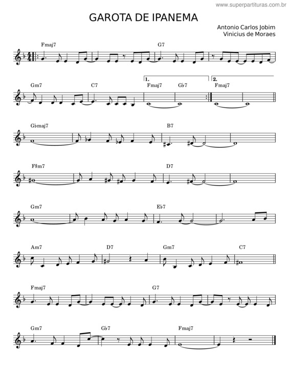 Partitura da música Garota De Ipanema – Antonio Carlos Jobim, Vinicius De Moraes