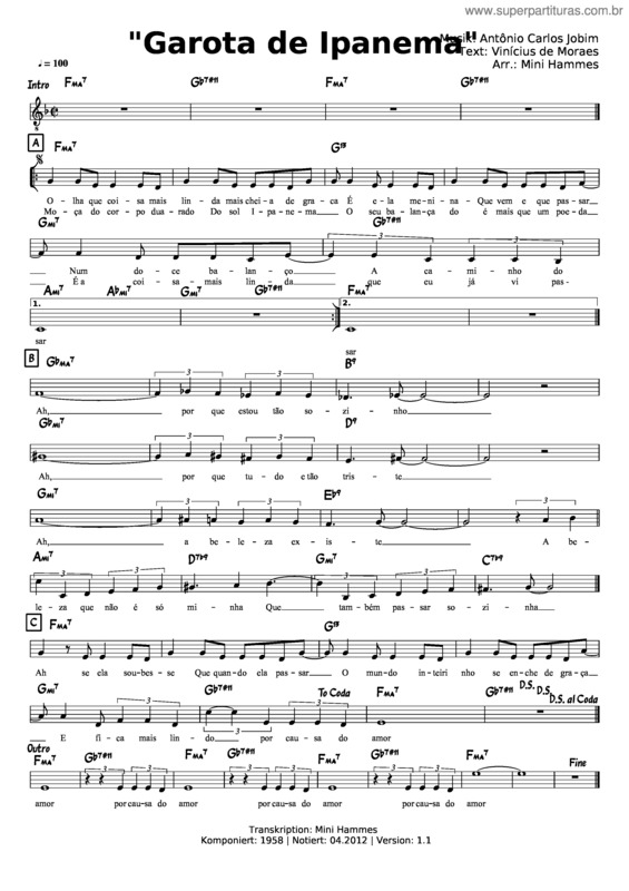 Partitura da música Garota De Ipanema – Jobim