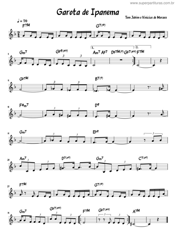 Partitura da música Garota De Ipanema – Tom Jobim – Vinicius De Moraes Garota De Ipanema Fá