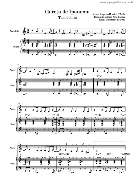 Partitura da música Garota De Ipanema – Tom Jobim – Vinicius De Moraes