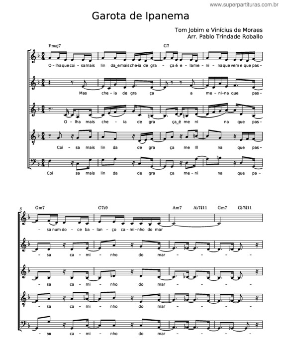 Partitura da música Garota De Ipanema – Tom Jobim E Chico Buarque