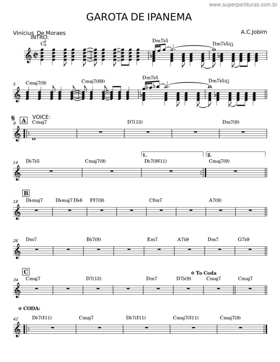 Partitura da música Garota De Ipanema – Tom Jobim E Vinícius De Moraes