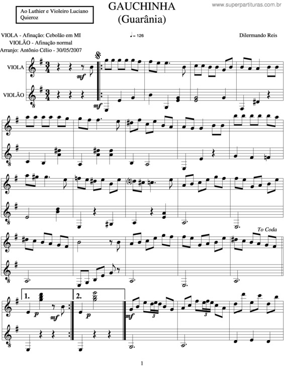 Partitura da música Gauchinha