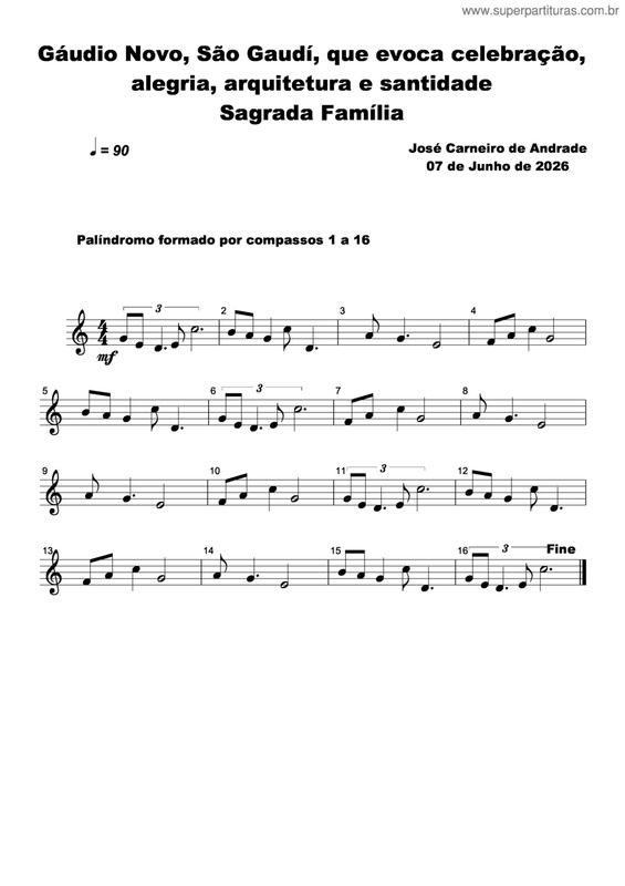 Partitura da música Gáudio Novo, São Gaudí, Que Evoca Celebração, Alegria, Arquitetura E Santidade