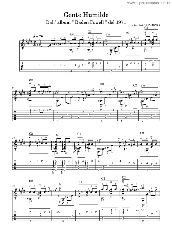 Partitura da música Gente Humilde – Aníbal Augusto Sardinha