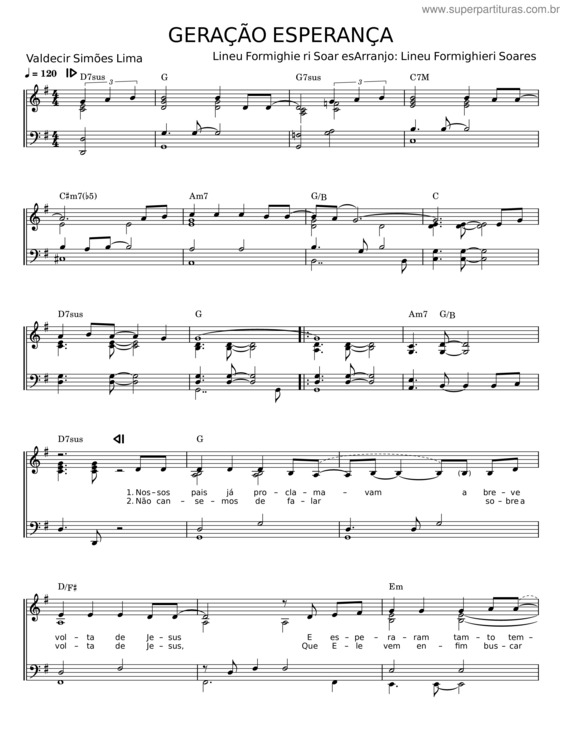Partitura da música Geração Esperança – Valdecir Simões Lima