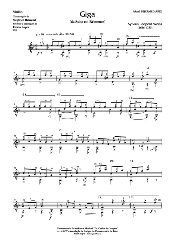 Partitura da música Giga (da Suíte em Ré Menor)