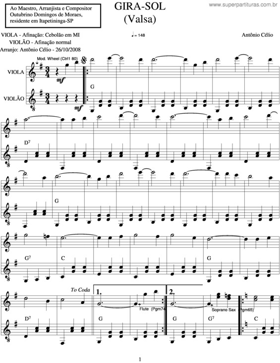 Partitura da música Girasol