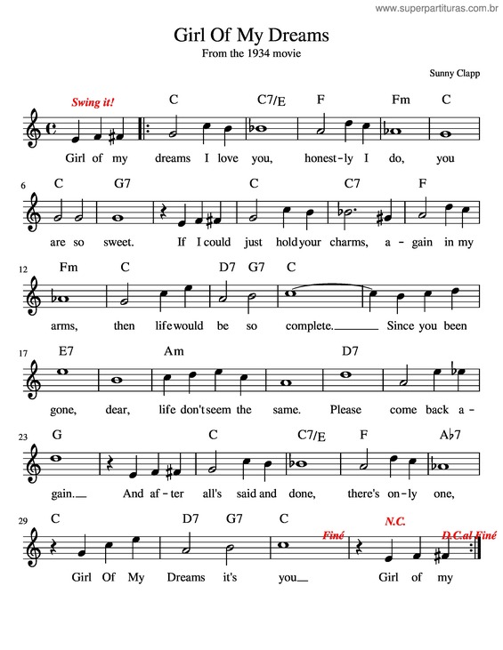 Partitura da música Girl Of My Dreams