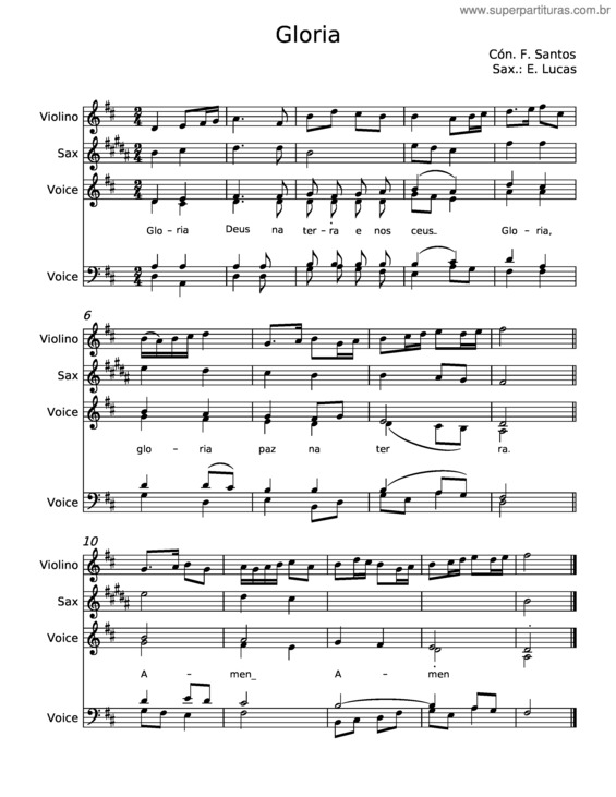 Partitura da música Glória – Cón F Santos