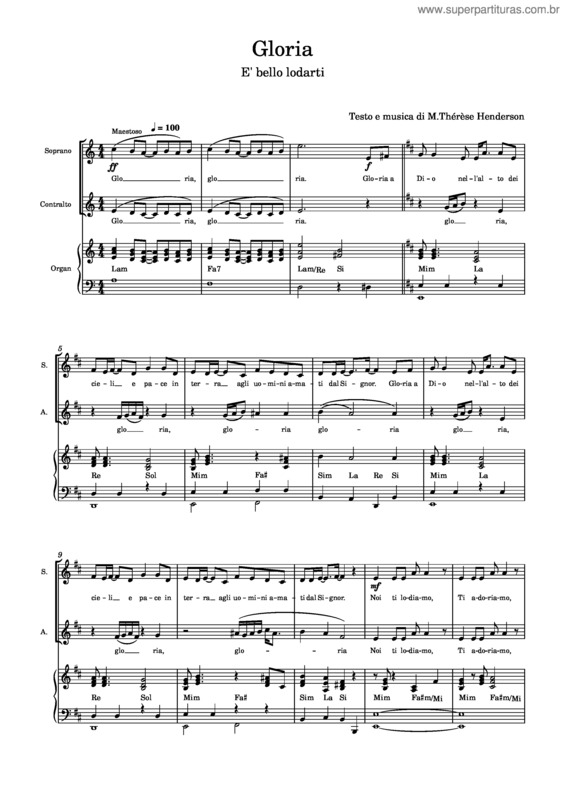 Partitura da música Gloria – E` Bello Lodarti – M.Thérèse Henderson