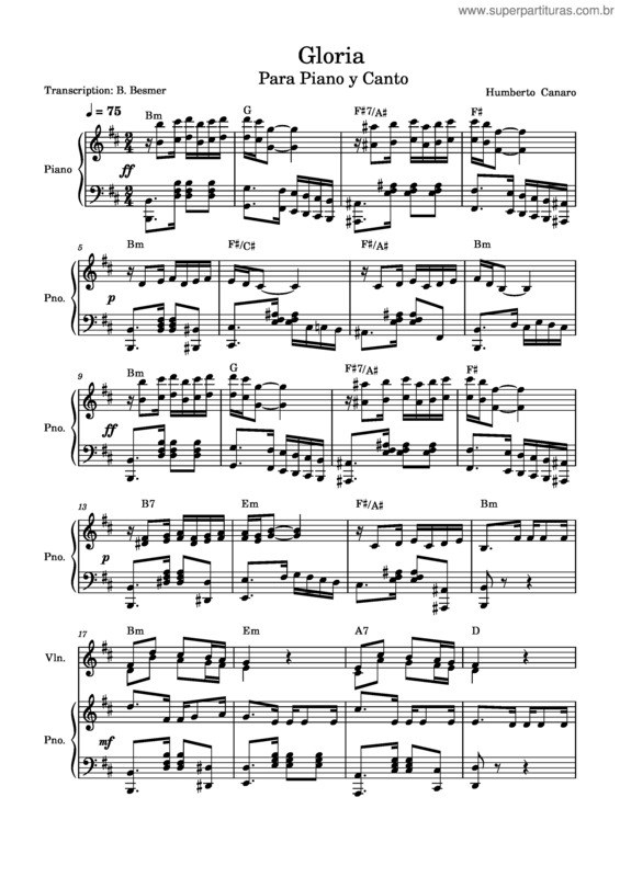 Partitura da música Gloria – Humberto Canaro